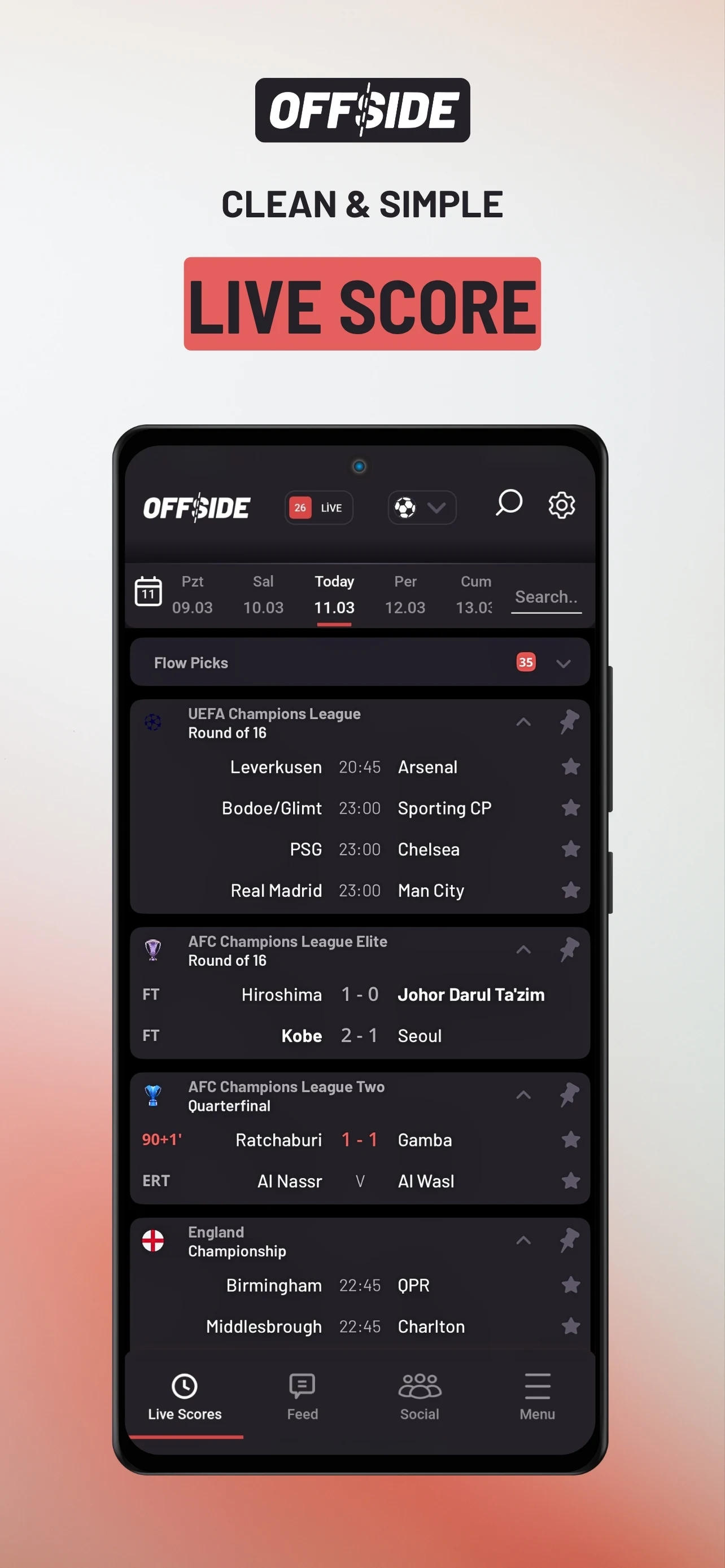 OffsideScores live score screen